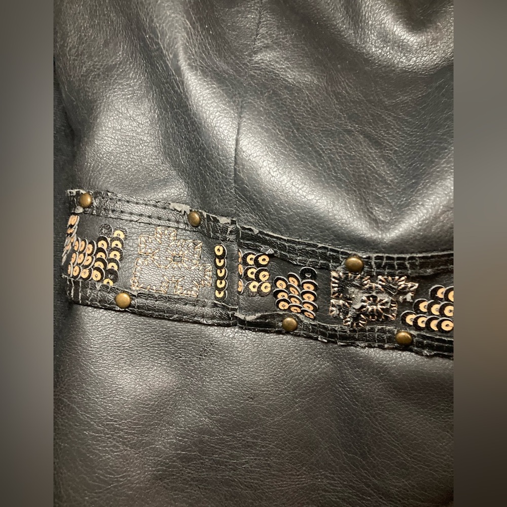 BCBGMaxAzria Black Faux Leather Top with Embellished Belt - Picture 2 of 8